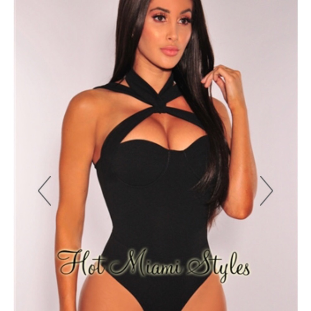 Black criss cross padded bustier bodysuit